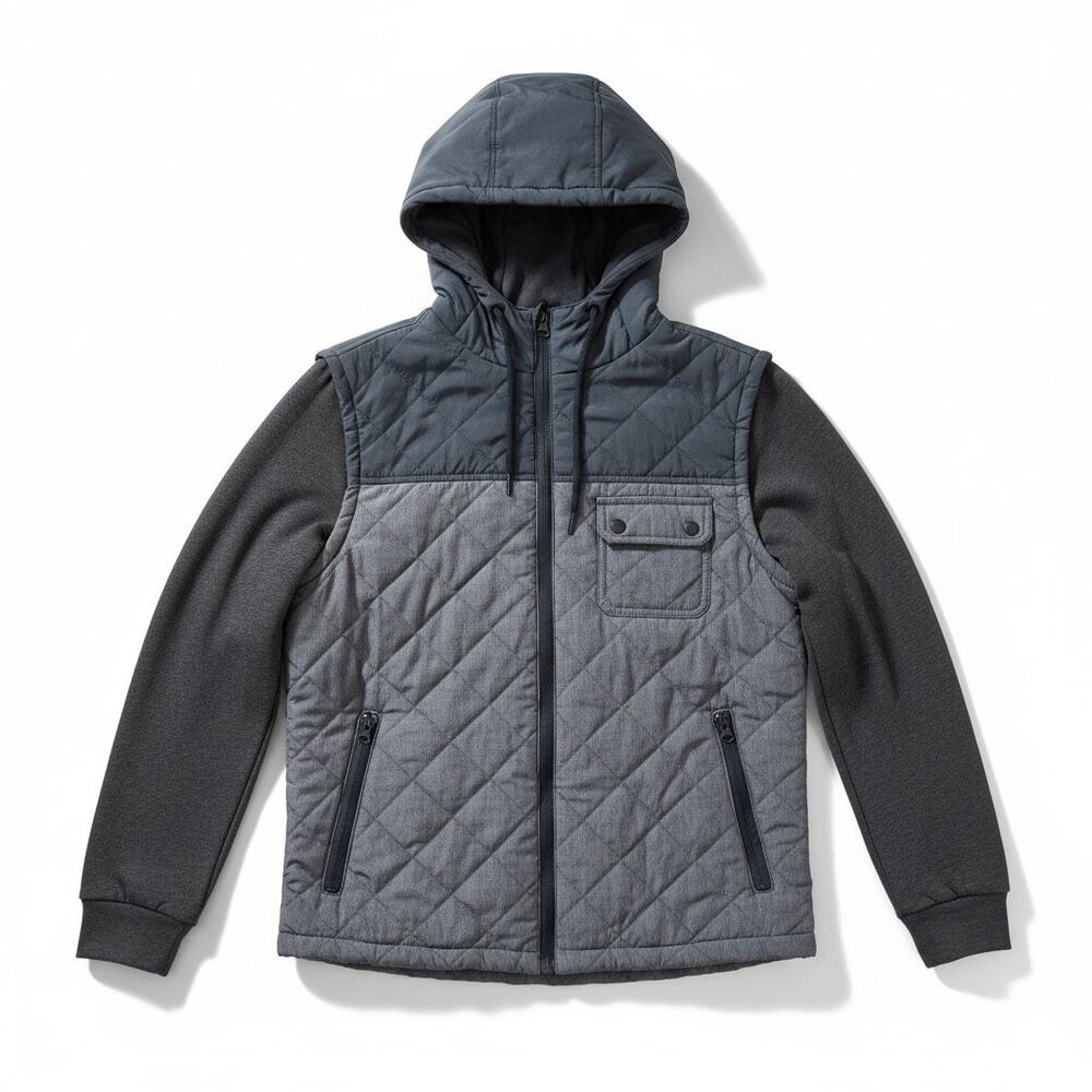American Rag Mens Hooded Quilted Full Zip Jacket Gray Black Size Medium Sporty
